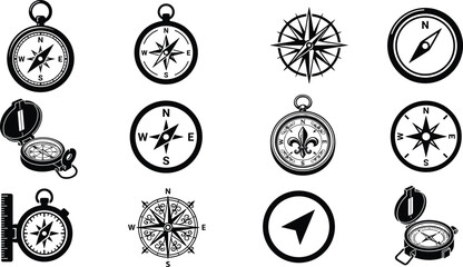 Vintage travel compass and wind rose navigational black silhouette glyph icon set for geography map adventure logo vector © nice