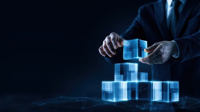 Business Hands Building Transparent Digital Cube Stack for Enterprise Architecture AI Platform and Technology Infrastructure