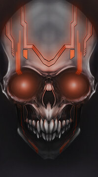 Cyberpunk skull illustration with red neon glowing eyes and futuristic lines