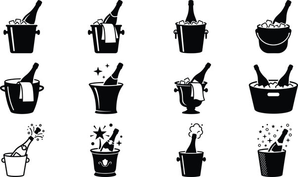 Champagne bottle in ice bucket black silhouette glyph icon set for luxury celebration party restaurant wine menu vector