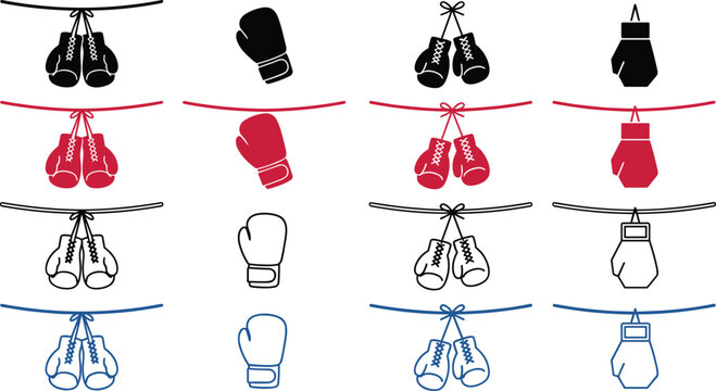 Boxing gloves hanging on rope line and glyph icon mega set for fitness gym club martial arts website design vector