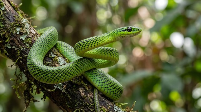 A green snake coiled around a mossy tree branch in a dense forest habitat.