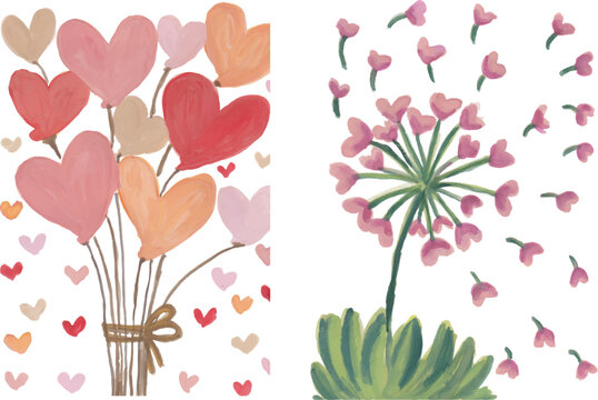 Heart balloons and dandelions hand drawn watercolor