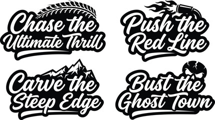 Collection of four adventure-themed typography badges with black and white featuring tire treads, flames, mountains, and a skull © MD