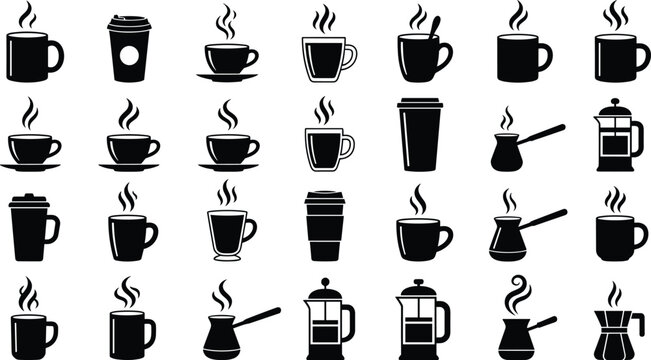Hot coffee cups and espresso mug black silhouette glyph icon mega set for cafe bar breakfast restaurant menu vector