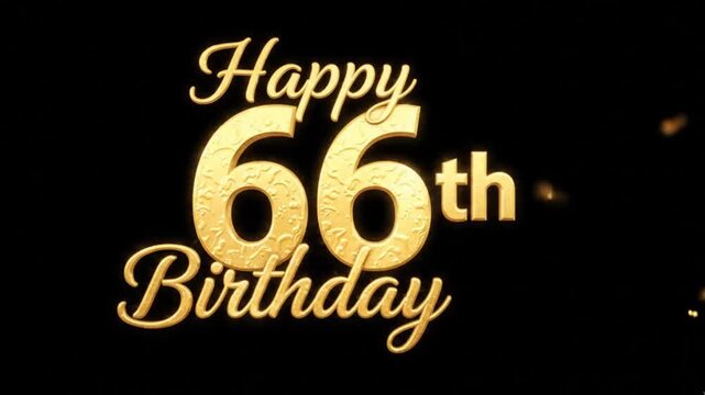 A festive image displays "Happy 66th Birthday" in elegant, shimmering gold text against a black background. The lettering has a textured, celebratory appearance.

