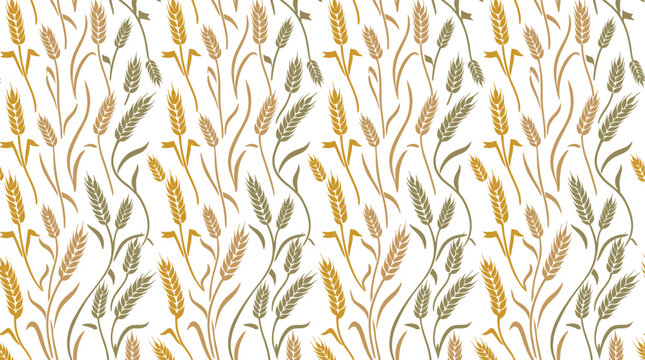 Seamless pattern of wheat ears in shades of gold and brown on a white background, agricultural harvest theme