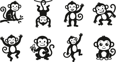 Set of cute monkey character silhouettes in various playful poses and actions isolated on a white background © MD