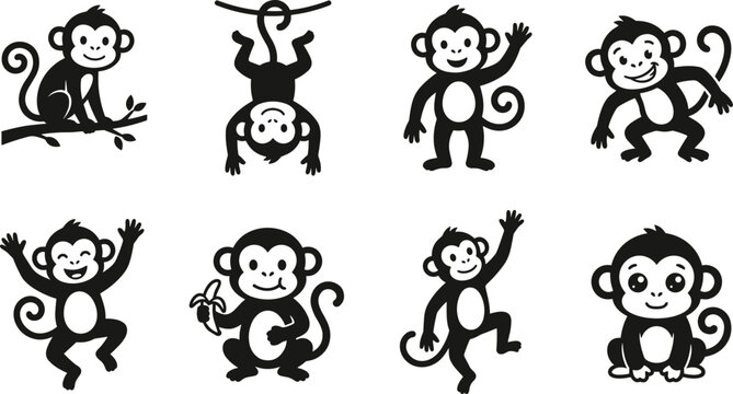 Set of cute monkey character silhouettes in various playful poses and actions isolated on a white background