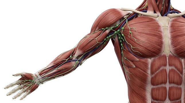 Human Upper Limb Lymphatic System Anatomy with Muscles Isolated on White Background