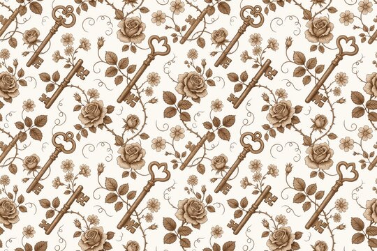 Seamless pattern with vintage skeleton keys and blooming rose vines on a light cream background, for romantic or, antique style stationery