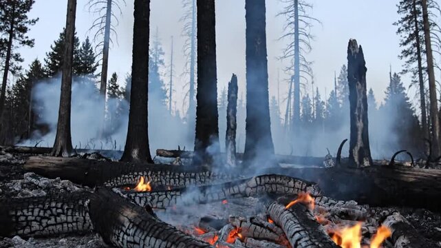 Forest fire burns trees and tires in smoky environment with flames