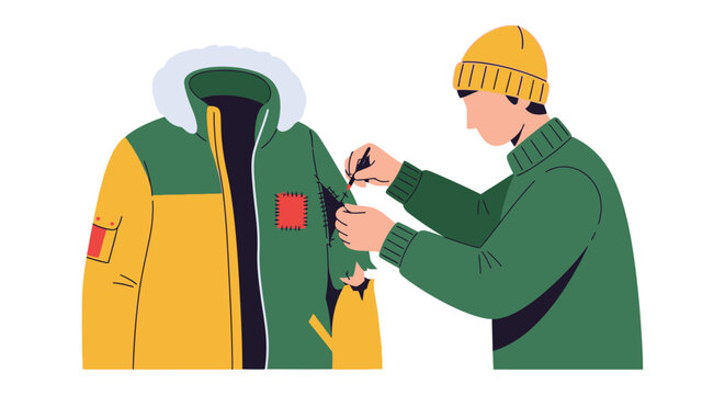 Man Mending a Torn Winter Jacket, Sustainable Fashion Concept, Repairing Clothes with Needle and Thread Illustration
