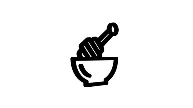 Simple line art animation of a mortar and pestle preparing ingredients in a white bowl for cooking