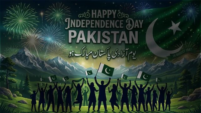 Pakistan Independence Day Celebration with People Waving Flags, Fireworks over Mountains, Crescent Moon, and Urdu Calligraphy Mubarak, 14 August National Holiday Animated Greeting Loop Video Backgroun