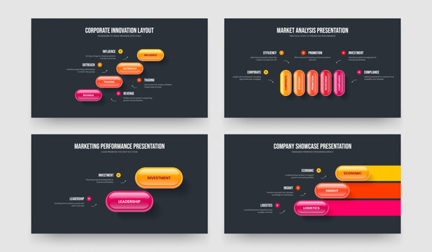 Advertising Overview Four Five Two Three Option Diagram Slide Template Vector Illustration Set. Digital Solution 4 5 2 3 Step Infographic Frame Layout Collection.