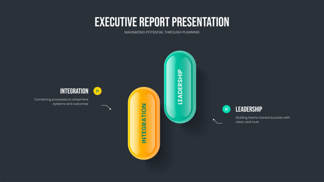 Financial Solution Two Step Diagram Slideshow Layout. Enterprise Launch Slide Template Vector Illustration. Corporate Innovation 2 Element Infographic Presentation Design.
