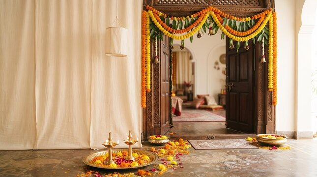 Diwali Festive Entrance with Marigold Toran and Lit Diyas, Traditional Indian Home Decor Background for Greeting Cards