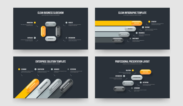 Creative Proposal 4 Option Infographic Presentation Layout Collection. Enterprise Visualization Four Element Diagram Slideshow Template Vector Illustration Bundle.