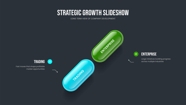 Investor Analysis 2 Option Infographic Slideshow Layout. Marketing Launch Frame Template Vector Illustration. Enterprise Development Two Element Diagram Presentation Design.