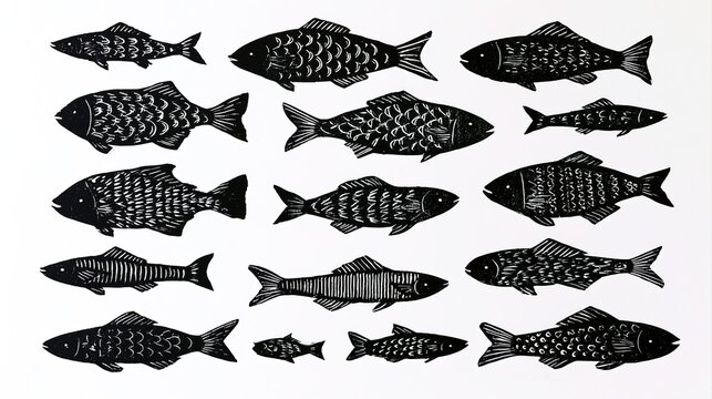 Art print with fourteen black fish silhouettes covered in white graphic patterns on solid white backdrop, arranged in three horizontal rows. Differently sized shaped fish decorated with tribal folk mo