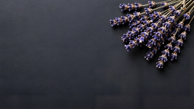 Dried Purple Lavender Bouquet on Dark Textured Background with Copyspace for Wellness and Aromatherapy