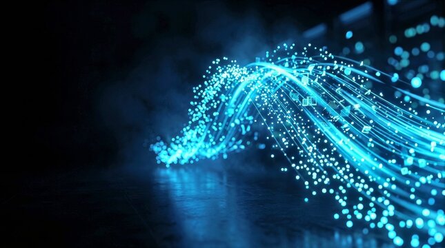 Abstract wave of glowing blue particles forming dynamic motion, representing data flow, AI processing, and digital transformation.