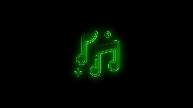 Glowing neon music icon animation, neon icon animation, music icon animation on black background, green neon glowing single musical note icon abstract design animation on 4k video footage