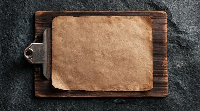 Wooden cutting board with blank paper sheet on dark stone background