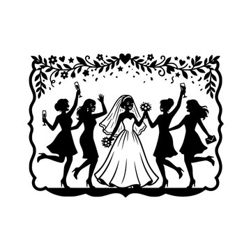 Celebrating bride squad silhouette vector illustration