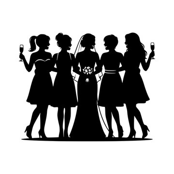 Five women holding champagne glasses bride squad silhouette illustration