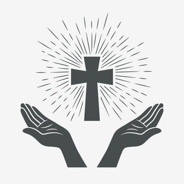 Black and White Open Hands Silhouette with Cross and Rays, Vector Illustration. Symbol of Faith and Prayer. Design Template for Church Logo. Prayer, Religion Concept. Monochrome Cut Out Icon