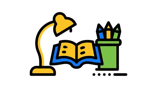 Creative desk setup icon animation with desk lamp book and pencils for education and learning concept