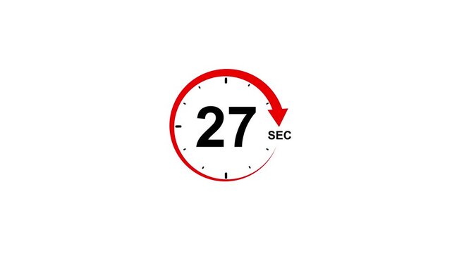 Red circular timer icon with number 27 and seconds abbreviation on white background 27 seconds clock