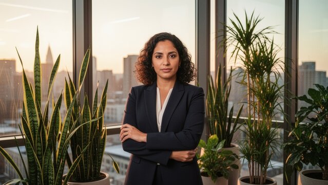 Confident South Asian Businesswoman Standing in Modern Office with City Skyline at Sunset, Leadership and Success Concept