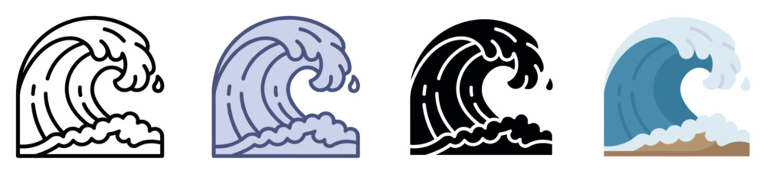 Ocean wave icons set. Water and nature concept. Includes breaking wave, splashing water, sea foam, surf, tidal wave, ocean current. Flat, line, and solid styles