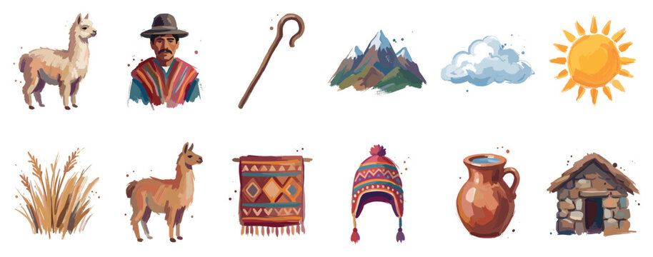 South American culture icons set. Andean region and traditional life concept. Includes llama, man in poncho, shepherd's crook, mountains, cloud, sun, grass, rug, chullo hat, clay pot, stone