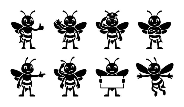 Cute Bee Character Set, 8 Vector Icons, Cartoon Insect Poses, Happy & Friendly Mascot Illustrations