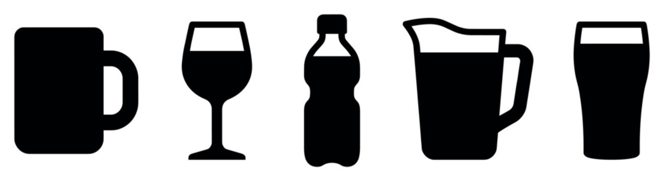 Drinkware icons set. Beverage containers concept. Includes beer mug, wine glass, plastic bottle, water pitcher, pint glass. Solid black silhouette style