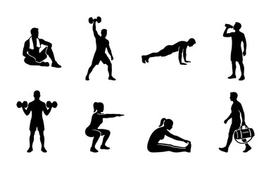 Obraz premium Fitness Silhouette Icons Set: Exercise, Workout, Health, Training, Sport, Active Lifestyle, Vector Graphics