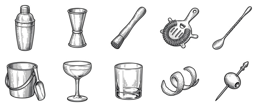 Bartender tools icons set. Cocktail making and bar equipment concept. Includes shaker, jigger, muddler, strainer, spoon, ice bucket, coupe glass, old fashioned glass, lemon peel, olive