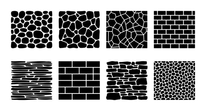 8 Seamless Stone and Brick Textures, Organic and Geometric Patterns, Black and White Vector Backgrounds