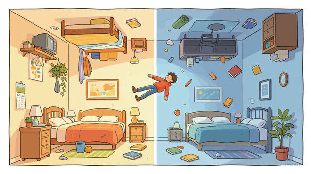 A Boy Floating Between Two Dreams: Warm Orange Bedroom with Vintage TV and Cool Blue Room with