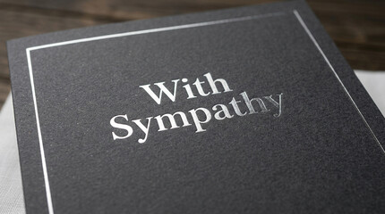 Fototapeta premium Elegant sympathy card with silver foil text, black textured funeral greeting card, condolence message on dark paper, mourning stationery