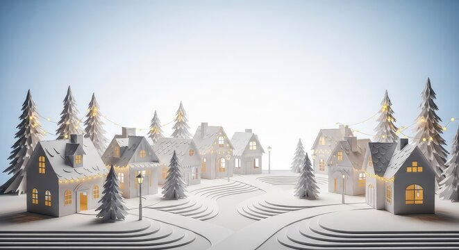 A detailed papercraft scene of a winter village street with layered white cutouts, tiny cottages, evergreen trees, and festive lights, background, rooftop, card
