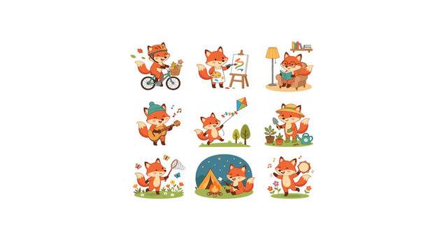 Cute cartoon fox character hobbies set with cycling painting reading guitar flying kite gardening catching butterflies camping dancing vector