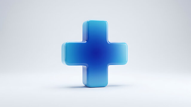 Vibrant blue glossy 3D plus sign icon representing growth, positive solutions, addition, and medical healthcare concepts on a clean white background, symbolizing expansion and new possibilities