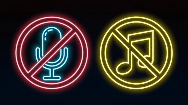 Neon no microphone and music signs on a dark background illustrating quiet and silent concepts