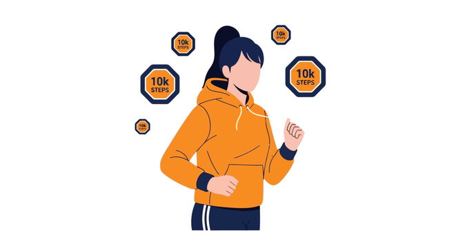 Woman Jogging with 10k Steps Achievement Badges Fitness Goal Illustration