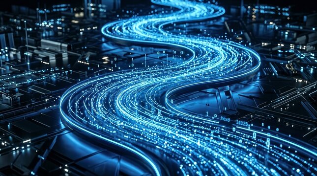 Dense particle cloud with glowing lights, representing big data, AI processing, and digital systems.
